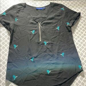 Black Top with Teal Bird Embroidery